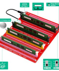 4 In 1 DDR3 DDR4 DDR5 UDIMM RDIMM Memory Diagnostic Tester Card with LED indicators on red PCB for maintenance and repair