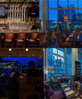Collage of upscale restaurant interiors with bar and dining areas, featuring city skyline views through large windows at night.
