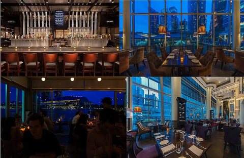 Collage of upscale restaurant interiors with bar and dining areas, featuring city skyline views through large windows at night.