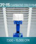 Evaporative Cooler Pump 1/50 HP 115V 502 GPH with 6 ft cord and 3 prong plug in front of cooler vent background