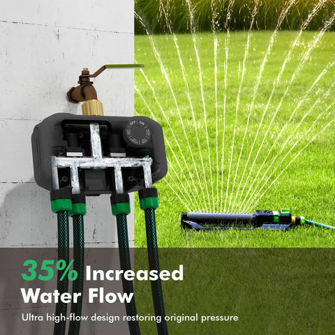 Four Zone Outdoor Sprinkler Timer With Brass Inlet And Large Dial, No Fuss Setup For Up To 11 Hours 59 Minutes attached to hoses