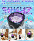 Upgraded Ultrasonic Retainer Cleaner 300ML With 50KHz Dual Tech showcasing purple light effect and multiple usage scenarios.