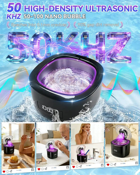 Upgraded Ultrasonic Retainer Cleaner 300ML With 50KHz Dual Tech showcasing purple light effect and multiple usage scenarios.