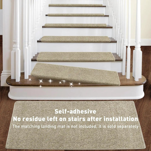 Tape Free Non Slip Bullnose Carpet Stair Treads Set For Indoors Cream Gray 9.5 By 30 Inches 7 Pieces Pet Friendly Washable And Reusable Skid Resistant Rug Covers on stairs