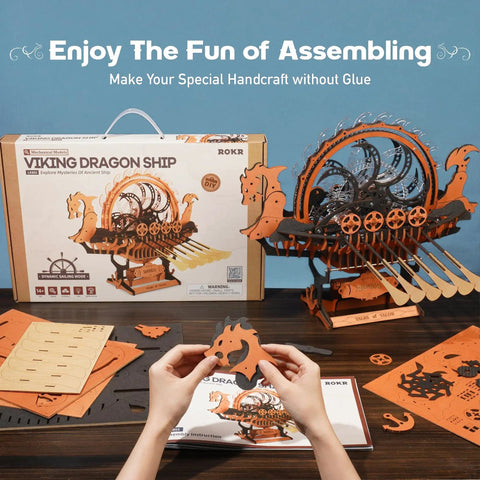 Viking Dragon Ship 3D Wooden Puzzle For Adults With LED Lights And Flywheel 12 Auto Paddles 3 Hour Build Model Kit Gift for desk assembly
