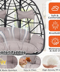 Double Hanging Egg Chair With Canopy And Stand For Two People, showing comfortable gray padding and UV protection features.