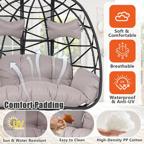 Double Hanging Egg Chair With Canopy And Stand For Two People, showing comfortable gray padding and UV protection features.