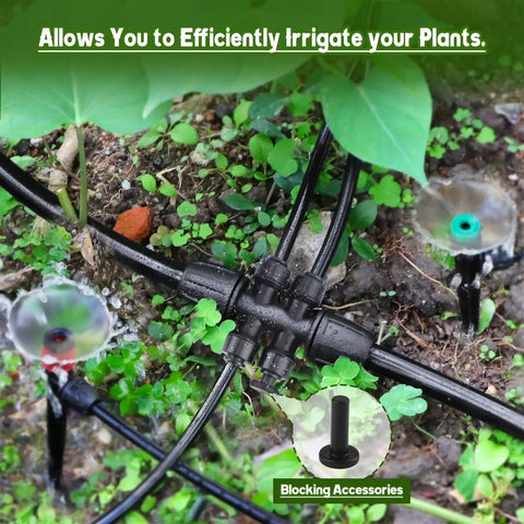Six Way Barbed Tee Quick Connectors Set From Half Inch To Quarter Inch installed in garden irrigation system with lush plants
