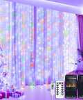Smart Curtain String Lights 9.8ft 300 LED Fairy Lights With App Control And USB Power, 8 Modes, Waterproof Multicolor shown with remote and app controls in a decorated room.