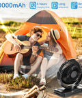Outdoor Portable Misting Fan With 9L Water Tank And 20000mAh Battery Three Speed Wind And Three Spray Mister Built In Light next to a tent