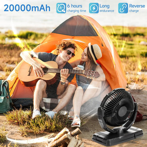 Outdoor Portable Misting Fan With 9L Water Tank And 20000mAh Battery Three Speed Wind And Three Spray Mister Built In Light next to a tent