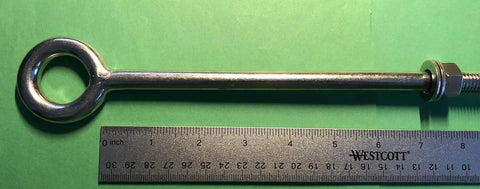 Stainless Steel Eye Bolt One Half Inch By Twelve Inch Whitworth Short Thread Marine Grade AISI 316 With Washers Heavy Duty Marine Fastener shown next to a ruler