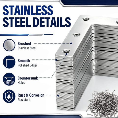 Stack of 40 Pcs L Shaped Stainless Steel Corner Braces With 200 Mounting Screws, brushed finish and countersunk holes