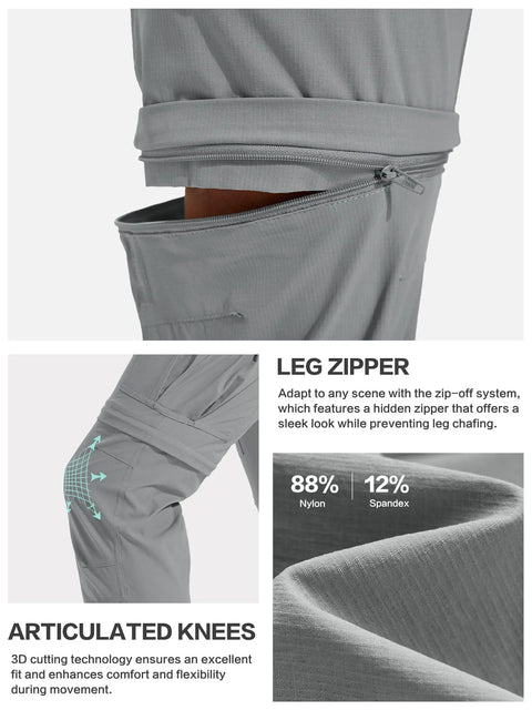 Close-up of zip-off leg feature and articulated knees on men's hiking convertible pants in light grey, nylon blend.