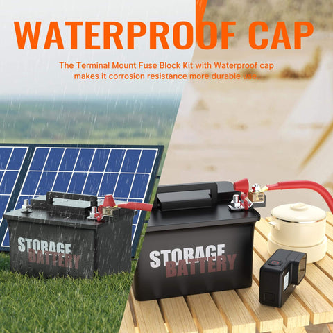 Beefy Heavy Duty MRBF Terminal Fuse Block Kit for Marine and Off Road Use with waterproof cap and storage battery setup.