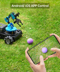 HIWONDER 6-DOF robotic arm on a black 4WD chassis with blue joints; smartphone app control
