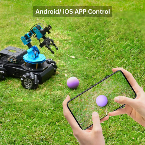 HIWONDER 6-DOF robotic arm on a black 4WD chassis with blue joints; smartphone app control