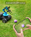 Six DOF Robot Arm For Raspberry Pi 5 AI Vision With 4WD Mecanum Wheel Chassis Hands On DIY Robotic Arm Kit ArmPi Pro Open Source ROS For Adults And Teens Omni Directional Movement And First Person View controlled via smartphone app on grass
