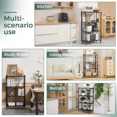 Four Tier Foldable Storage Shelves On Wheels With No Assembly, Pre Assembled Organizer Rack For Garage, Kitchen, Basement And Pantry, Ideal For Craft Fairs And Vendor Events, Black in kitchen, study room, living room and balcony