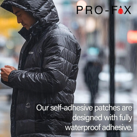 Self Adhesive Waterproof Repair Patch Kit For Outdoor Gear Quick 30 Second Fix For Jackets Tents Sleeping Bags Backpacks And More Pre Cut Nylon Ripstop Patches In Beige Durable Easy Peel And Stick used on black jacket in rain