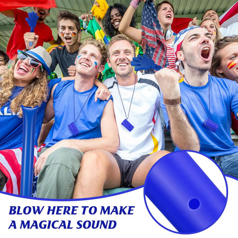 Cheering Noisemakers Set With 12 Mini Air Horns, 12 Hand Clappers, And 24 Thunder Sticks Blue For Birthdays, Sports Events, And Celebrations Ultimate Party Essentials To Amp Up The Crowd used by cheering fans in a stadium