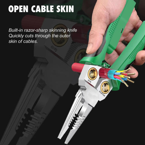 Hand using Eight In One Wire Stripper Tool With Non Contact Voltage Detector And Insulated Safety Handles For Electricians And DIYers