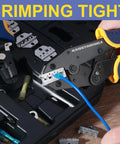Person using 8 Piece Ratchet Crimping Tool Set For Heat Shrink Insulated Nylon Non Insulated Ferrule Wire Ends Open Barrel Terminals And Solar Connectors Pro Grade Crimping Quality For DIY Electrical Projects
