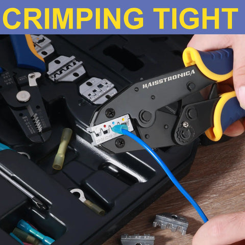 Person using 8 Piece Ratchet Crimping Tool Set For Heat Shrink Insulated Nylon Non Insulated Ferrule Wire Ends Open Barrel Terminals And Solar Connectors Pro Grade Crimping Quality For DIY Electrical Projects