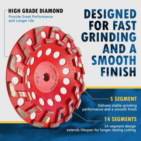 7 Inch High Performance Diamond Grinding Wheels For Aggressive Concrete Paint Epoxy Mastic Coating Removal 18/20 Grit 14 Segment 5/8 Inch 11 Arbor Beast Mode Heavy Duty Concrete Surface Prep
