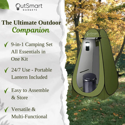 All In One Portable Outdoor Toilet Kit For Camping And RV Travel With Privacy Tent and LED Lantern in a forest setting