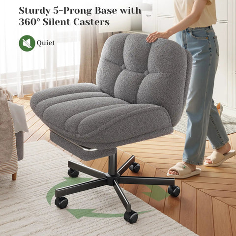 Cross Legged Desk Chair With Foot Rest, Cozy Teddy Plush Upholstery, Six Point Three Inch Thick Cushion, Grey in room setting