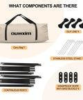 Components of 12 X 12 Ft Camping Screen Tent For 8 To 10 People, including carry bag, rod, guy line, stakes, and buckles.