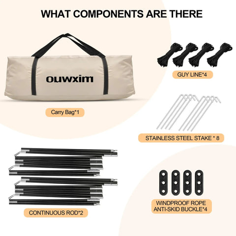 Components of 12 X 12 Ft Camping Screen Tent For 8 To 10 People, including carry bag, rod, guy line, stakes, and buckles.