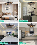 Retractable Industrial Fandelier Ceiling Fan With Light In Black 42 Inch Cage Style Chandelier Fan in various room settings