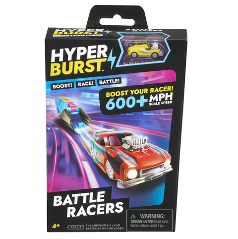 Packaging of Yellow Crusher Battle Racers Micro Scale Car With Launcher, Epic Speed, Battle Action Toy Set, Over 600 MPH Scale Speed