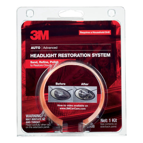 Headlight Lens Restoration Kit 39008 For Clear Brighter Headlights At Home With Disc Pad Holder in packaging with before and after images