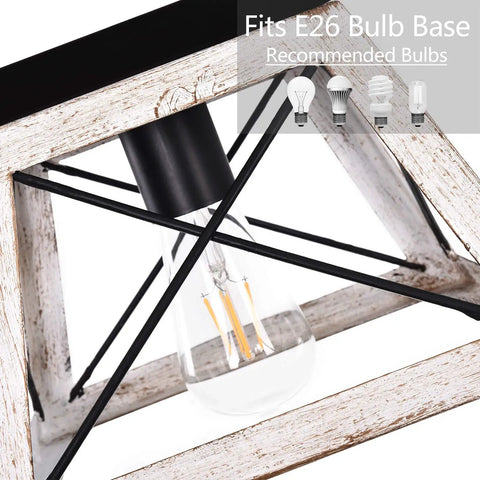 Farmhouse White Square Ceiling Light Fixture Semi Flush Mount With Rustic Iron Frame And Faux Wood Grain Finish close-up of bulb base