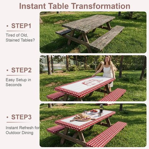 Woman fitting waterproof fitted table cover with bench covers for 72 inch picnic tables, windproof elastic edges, handy storage bag included
