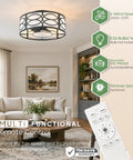akiuzna Boho Caged Ceiling Fan with Light and Remote, Low Profile Fandelier in stylish living room with remote control.