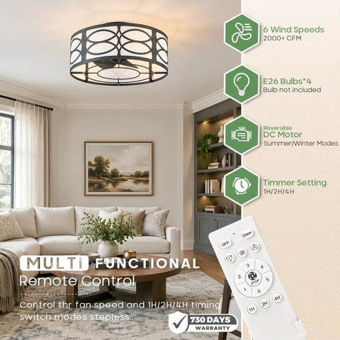 akiuzna Boho Caged Ceiling Fan with Light and Remote, Low Profile Fandelier in stylish living room with remote control.