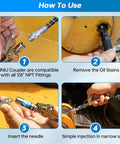 Steps for using upgraded 0.53 inch grease gun coupler kit with locking and leakproof 12000 PSI tip set, needle dispenser
