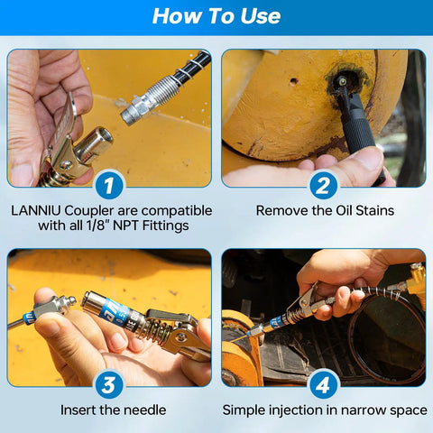 Steps for using upgraded 0.53 inch grease gun coupler kit with locking and leakproof 12000 PSI tip set, needle dispenser