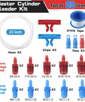 All in One Master Cylinder Brake Bleeder Kit with 22 Inch Hoses, Red and Blue Fittings, Tees, Clips, SAE and Metric Adapters