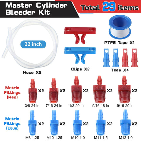 All in One Master Cylinder Brake Bleeder Kit with 22 Inch Hoses, Red and Blue Fittings, Tees, Clips, SAE and Metric Adapters