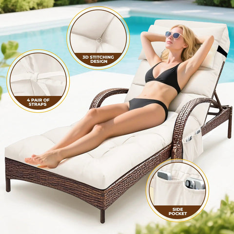 Waterproof Outdoor Chaise Lounge Cushion With Ties, 71 By 21 By 4 Inches, Cream Color Replacement Pad on lounge by pool