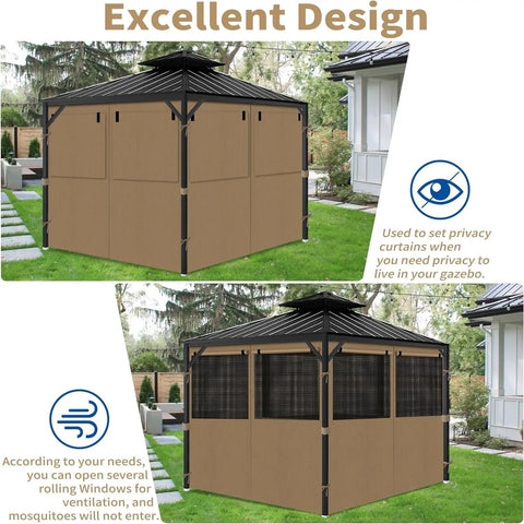 10x12 Gazebo Curtains With Mosquito Mesh Window Four Panels Side Wall Zipper 2 In 1 Privacy No Fuss Universal Replacement For Patio Outdoor Canopy Garden Backyard Khaki Curtain Only installed view