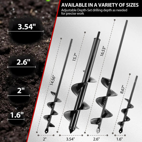 Garden Auger Drill Bit Set 4 Piece Heavy Duty Ground Earth Spiral Bulb Planter For Post Hole Digger Digging In Soil sizes shown
