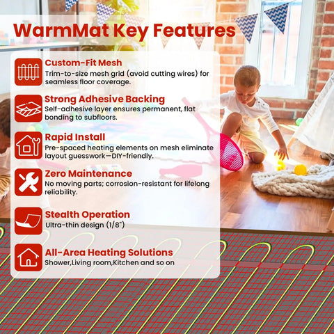 Child playing on floor with Thirty Square Feet Self Adhesive Electric Radiant Floor Heating Mat For Super Cozy Toasty Warm Floors Under Ceramic Tile Natural Stone And Wood Easy Install Heating System infographic.