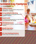 Image showing WarmMat features with kids playing, highlighting advantages of the DIY Friendly Self-Adhesive Electric Floor Heating Mat Kit.