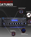 Front view of Wireless Bluetooth Stereo Amplifier Multi Channel 200 Watt Power Home Audio Receiver with control features